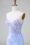 Vestido de cóctel corto con espalda abierta y corsé de lentejuelas azul con bordado