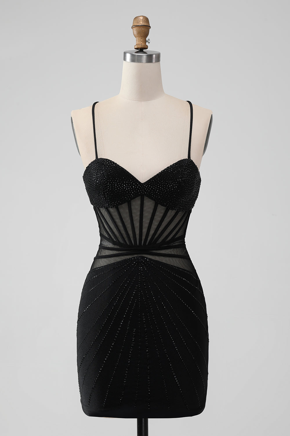 Vestido de regreso a casa con corsé de tirantes finos ajustados negros con abalorios