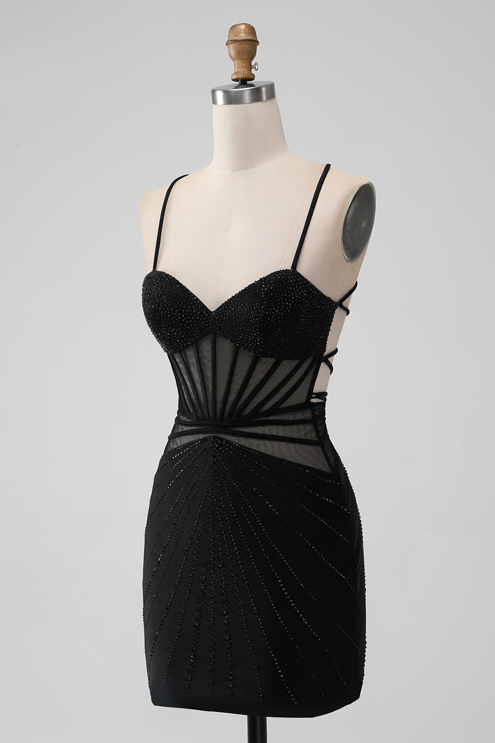 Vestido de regreso a casa con corsé de tirantes finos ajustados negros con abalorios
