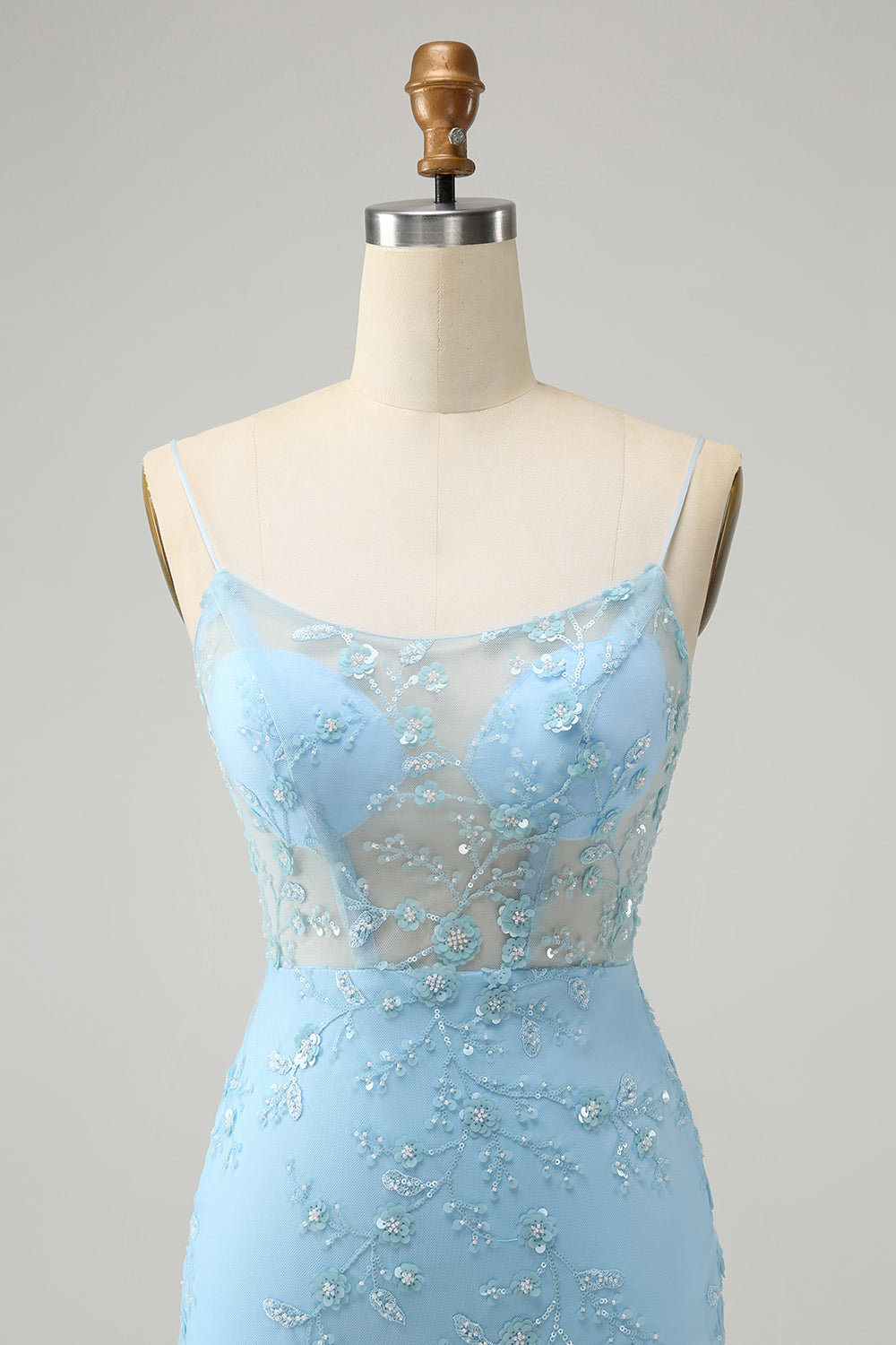 Vestido de cóctel ajustado con tirantes finos y cordones en la espalda azul