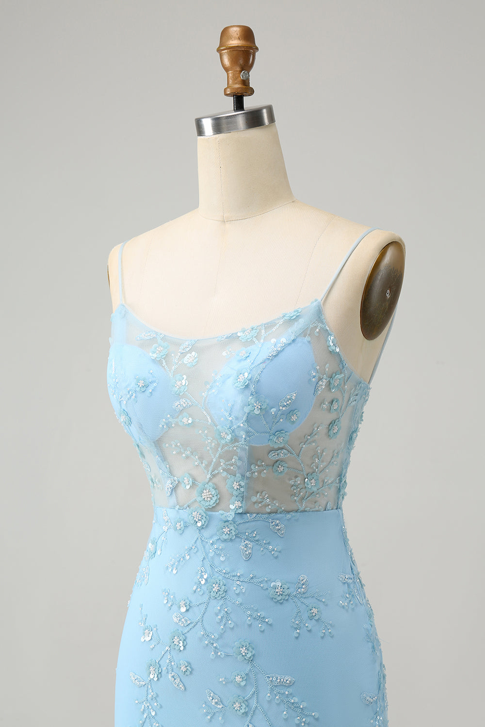 Vestido de cóctel ajustado con tirantes finos y cordones en la espalda azul