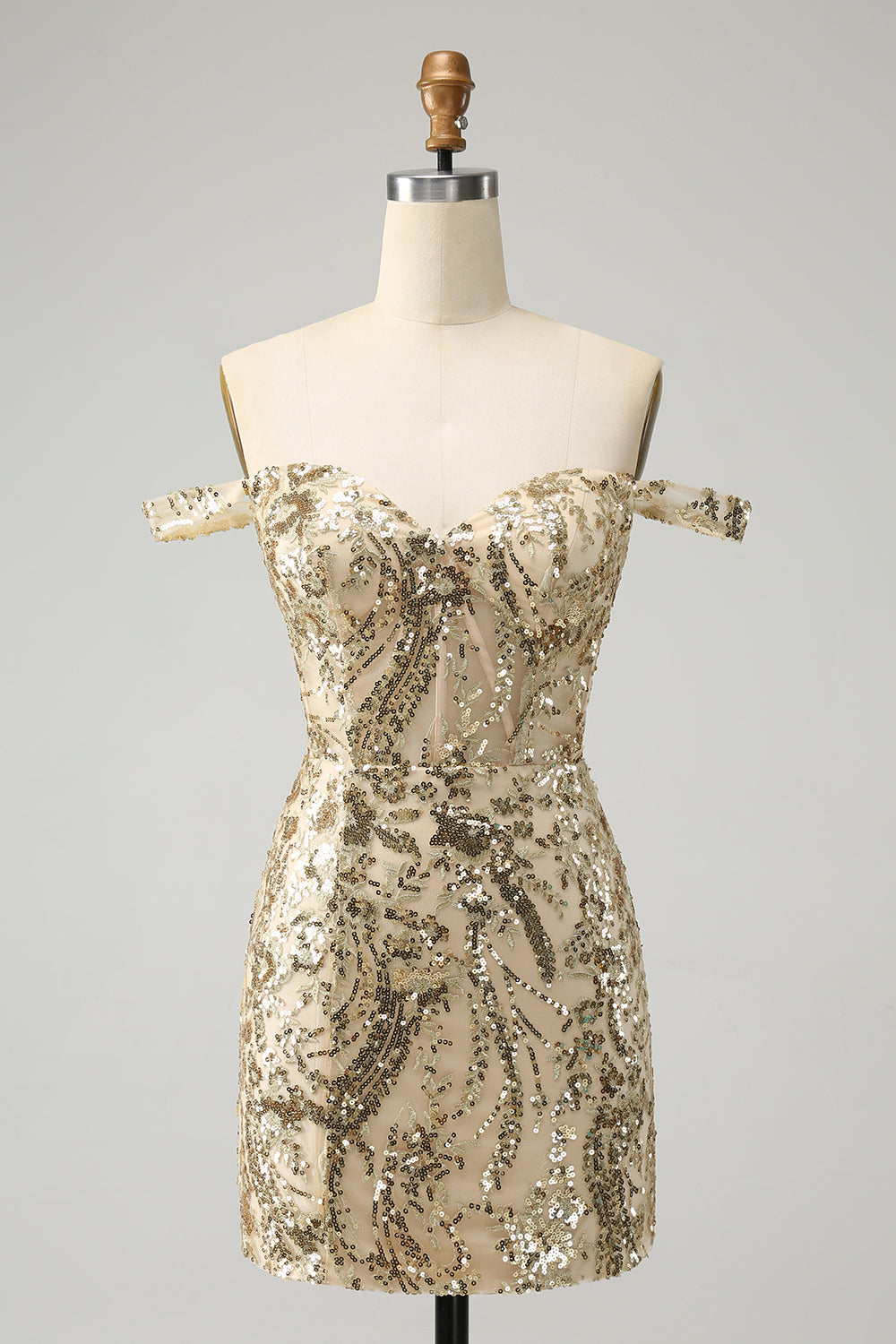 Vestido de cóctel dorado con hombros descubiertos y lentejuelas
