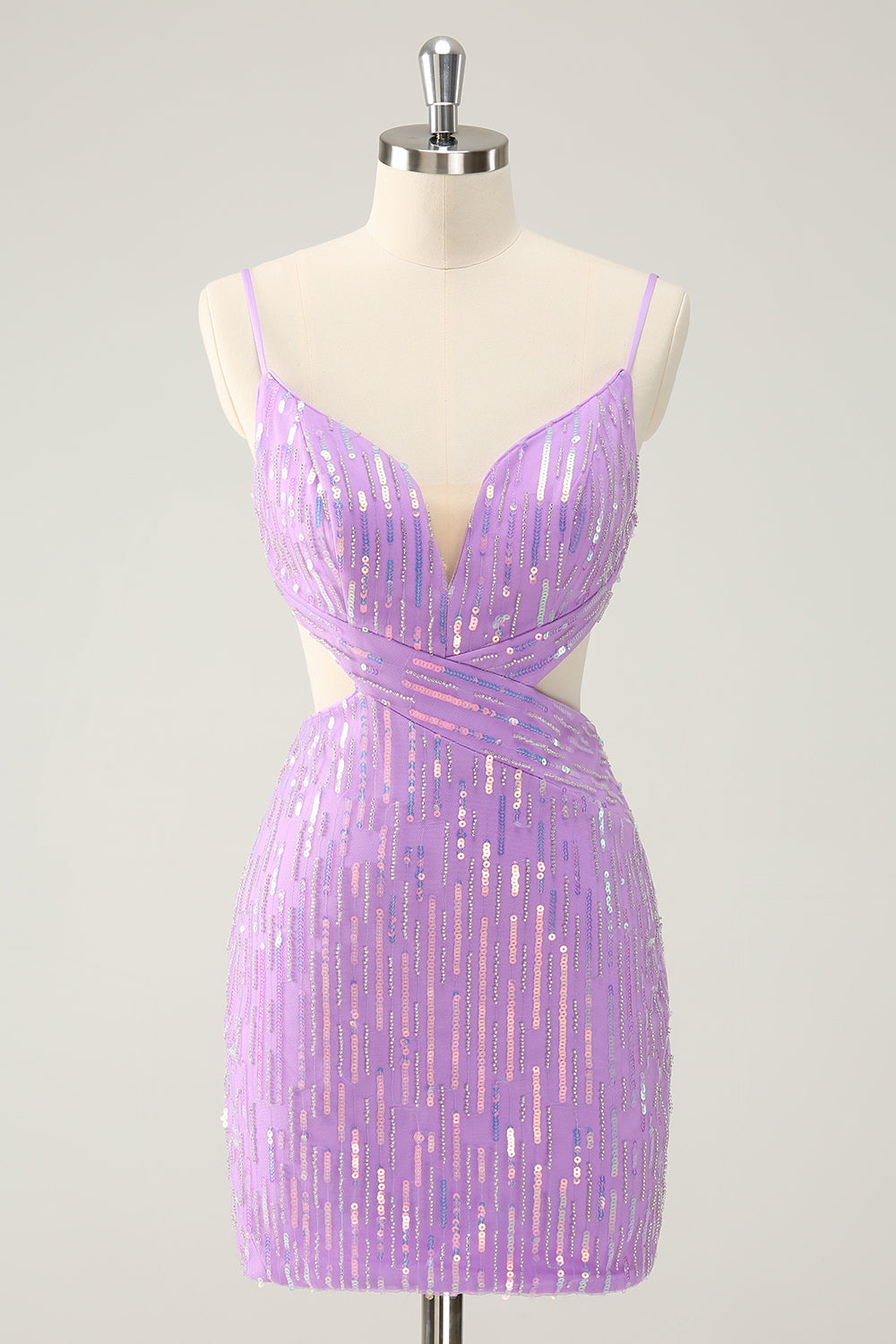 Vestido corto de regreso a casa con cuello en V ajustado de lentejuelas púrpura brillante