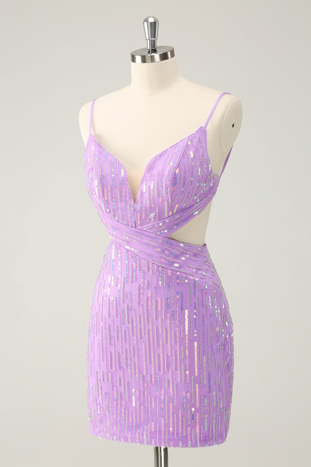 Vestido corto de regreso a casa con cuello en V ajustado de lentejuelas púrpura brillante