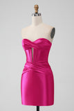 Fucsia Bodycon Novia Corsé de Satén Vestido Corto De Regreso A Casa