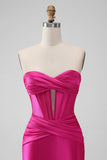 Fucsia Bodycon Novia Corsé de Satén Vestido Corto De Regreso A Casa