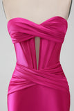 Fucsia Bodycon Novia Corsé de Satén Vestido Corto De Regreso A Casa
