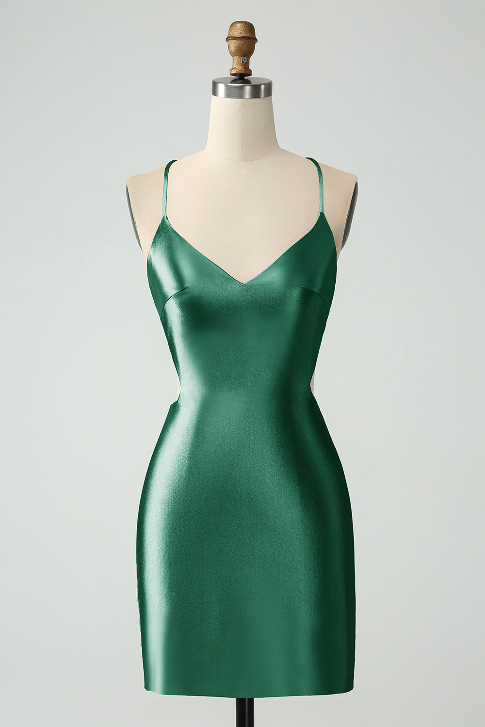 Vestido de satén de satén con tirantes de espagueti verde oscuro con espalda entrecruzada