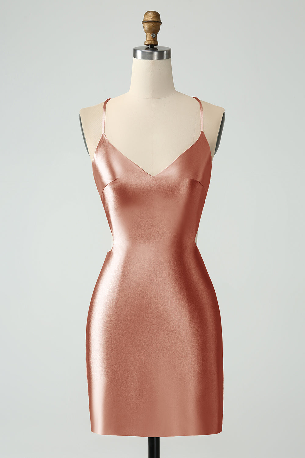 Vestido de satén de satén con tirantes de espagueti dorados con espalda entrecruzada