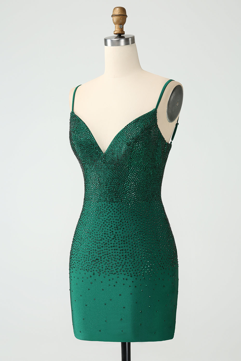 Vestido de regreso a casa con tirantes sin espalda Bodycon Spagehtti de color verde oscuro con abalorios