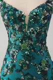 Vestido de cóctel ajustado con lentejuelas y cuentas de color verde oscuro brillante con cordones en la espalda