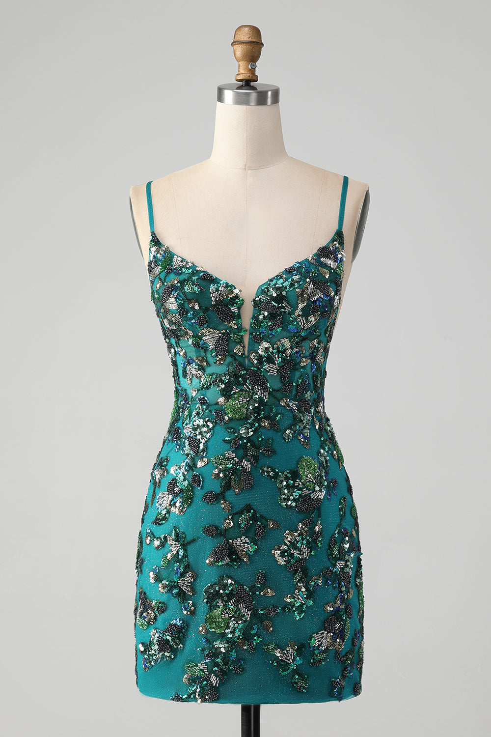 Vestido de cóctel ajustado con lentejuelas y cuentas de color verde oscuro brillante con cordones en la espalda