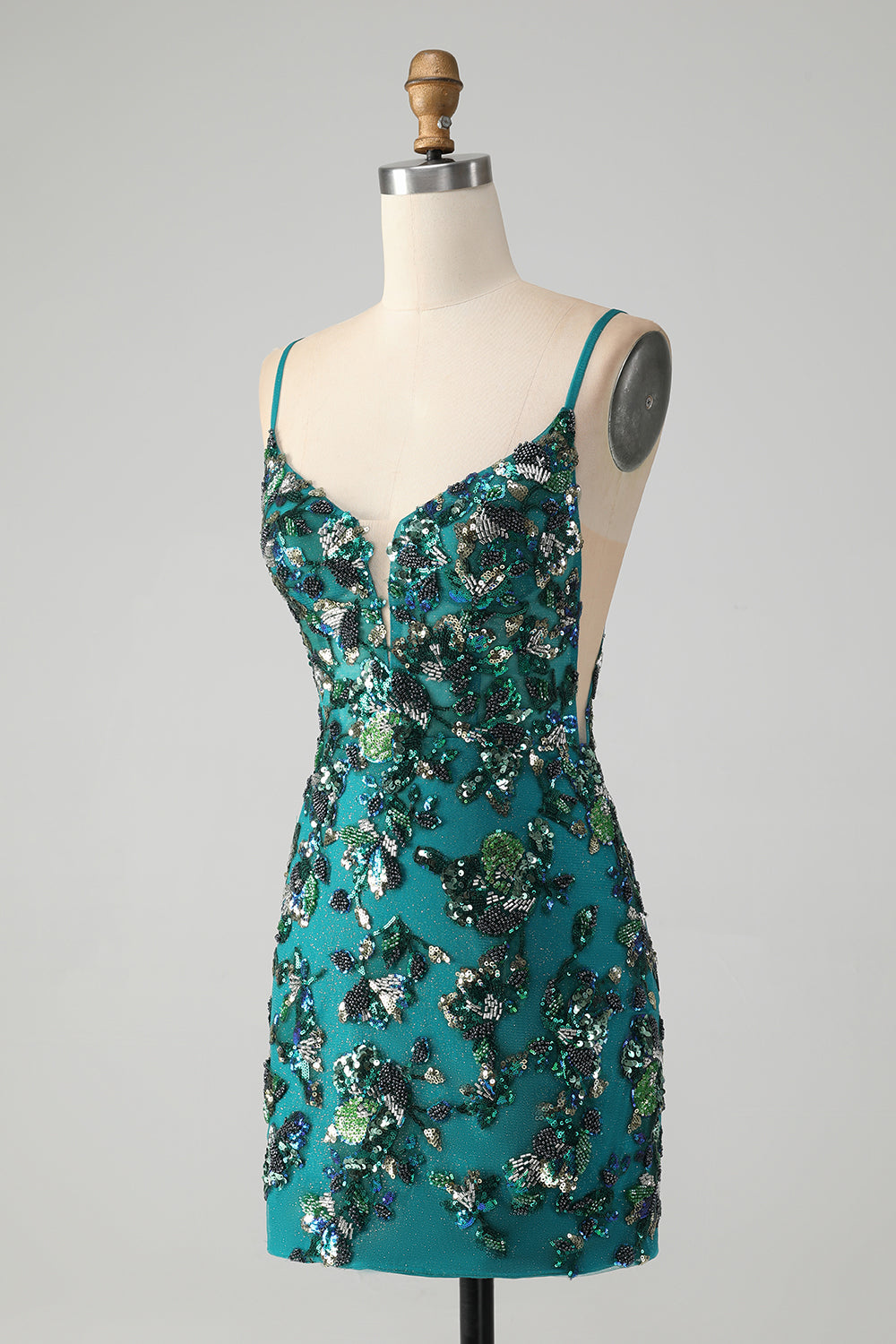 Vestido de cóctel ajustado con lentejuelas y cuentas de color verde oscuro brillante con cordones en la espalda