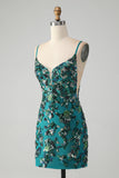 Vestido de cóctel ajustado con lentejuelas y cuentas de color verde oscuro brillante con cordones en la espalda