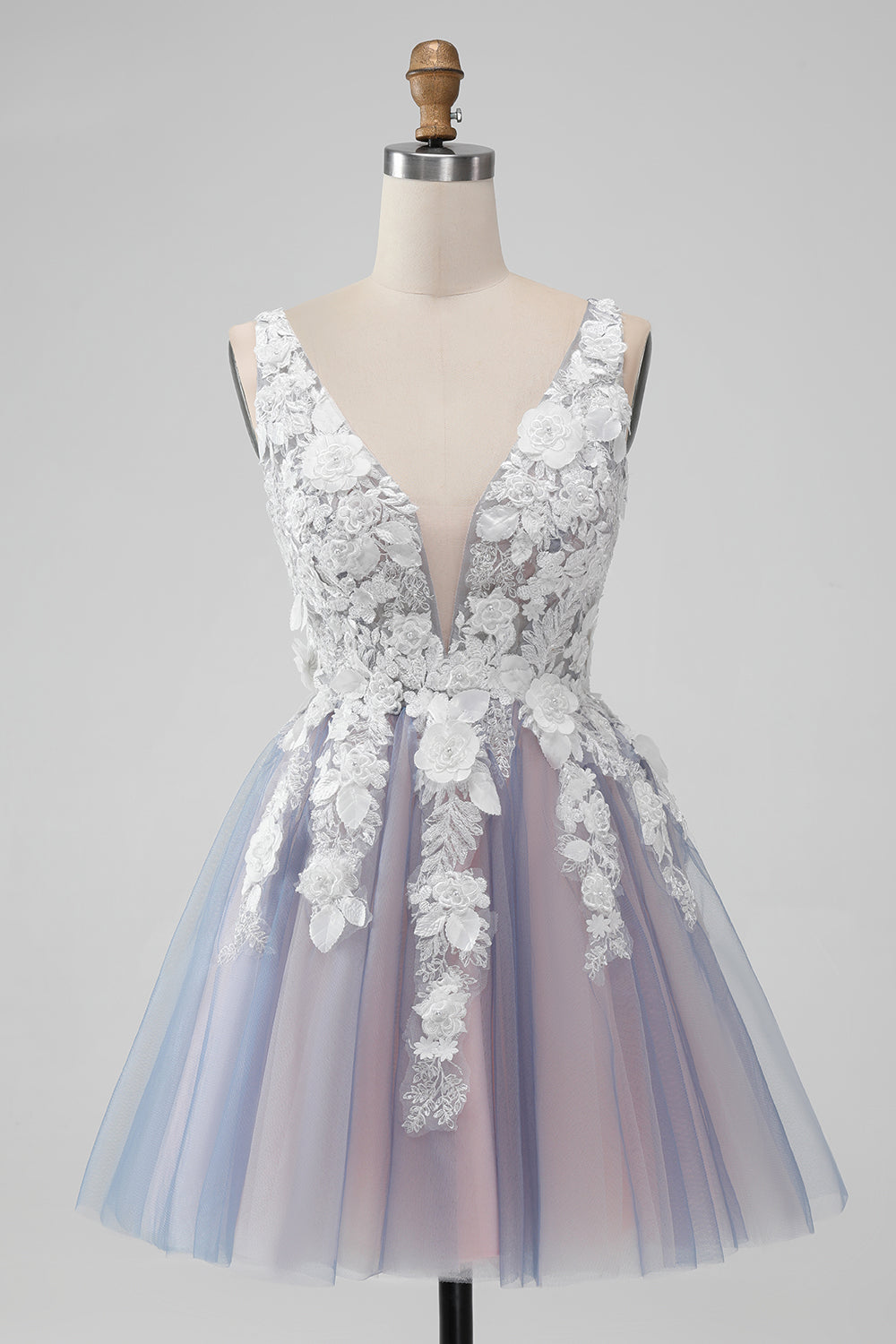 Elegante vestido de cóctel corto gris rosa con cuello en V y flores con perla