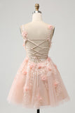 Vestido de cóctel corto con lentejuelas y escote en V color rubor brillante y flores en 3D