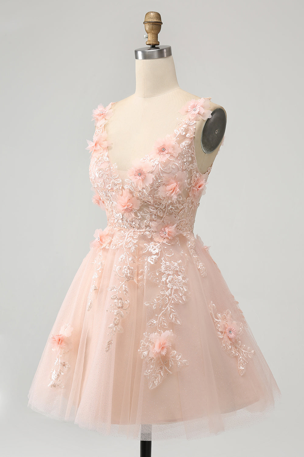 Vestido de cóctel corto con lentejuelas y escote en V color rubor brillante y flores en 3D