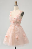 Vestido de cóctel corto con lentejuelas y escote en V color rubor brillante y flores en 3D