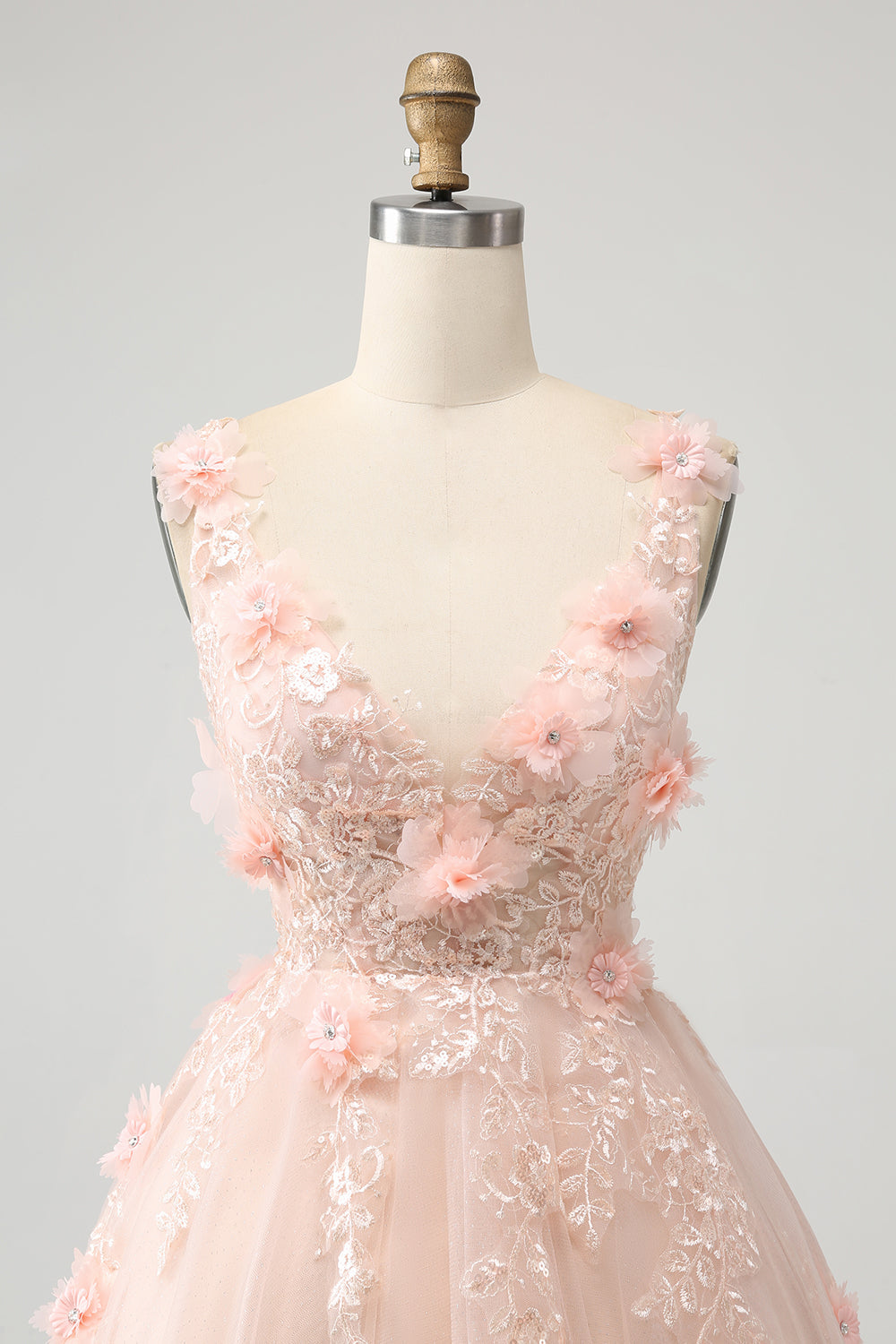 Vestido de cóctel corto con lentejuelas y escote en V color rubor brillante y flores en 3D