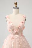 Vestido de cóctel corto con lentejuelas y escote en V color rubor brillante y flores en 3D