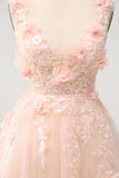 Vestido de cóctel corto con lentejuelas y escote en V color rubor brillante y flores en 3D