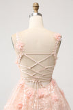 Vestido de cóctel corto con lentejuelas y escote en V color rubor brillante y flores en 3D