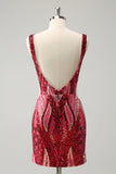 Vestido de cóctel corto sin espalda ajustado con cuello en V fucsia brillante y lentejuelas