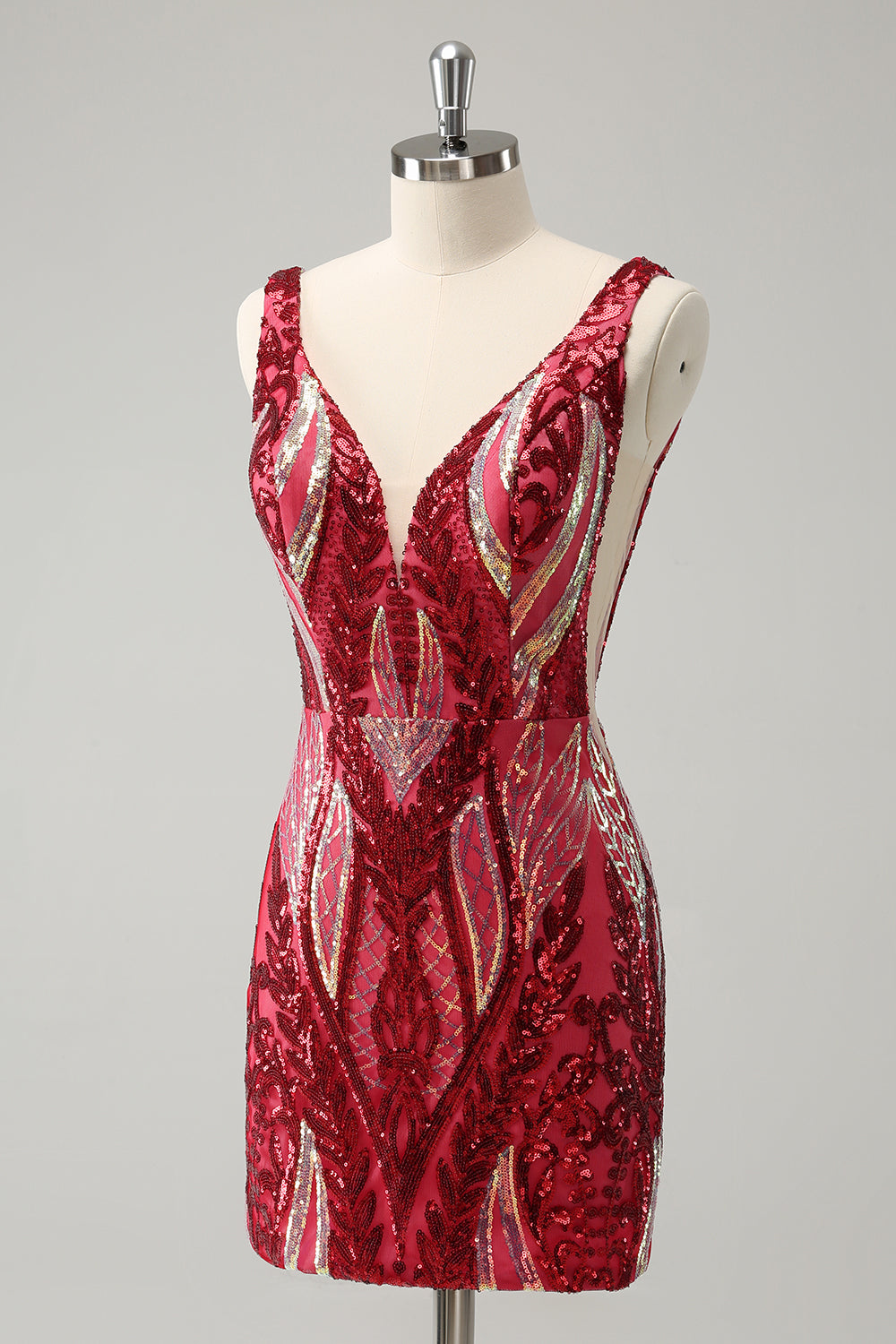 Vestido de cóctel corto sin espalda ajustado con cuello en V fucsia brillante y lentejuelas