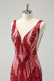 Vestido de cóctel corto sin espalda ajustado con cuello en V fucsia brillante y lentejuelas