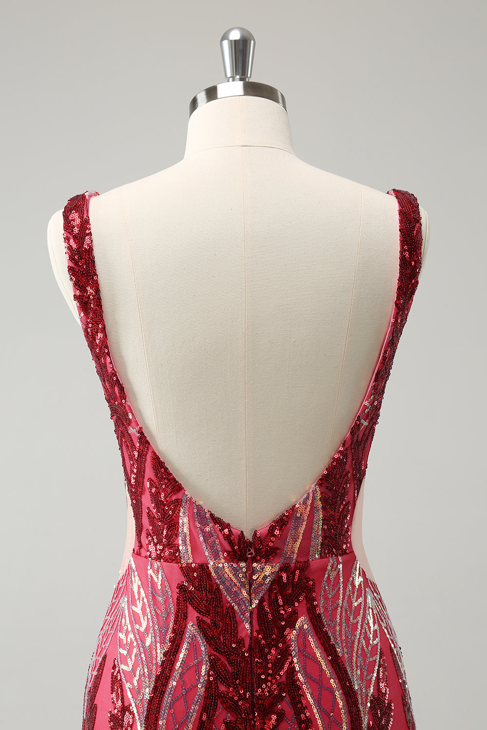 Vestido de cóctel corto sin espalda ajustado con cuello en V fucsia brillante y lentejuelas