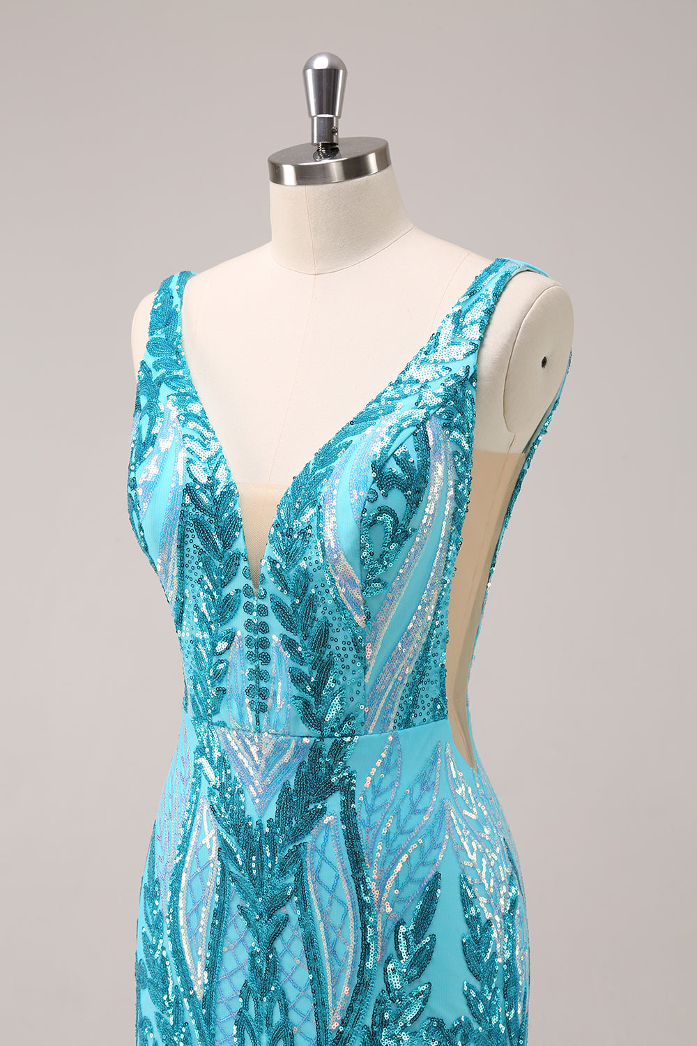 Vestido de fiesta ajustado con escote en V y lentejuelas azules brillantes