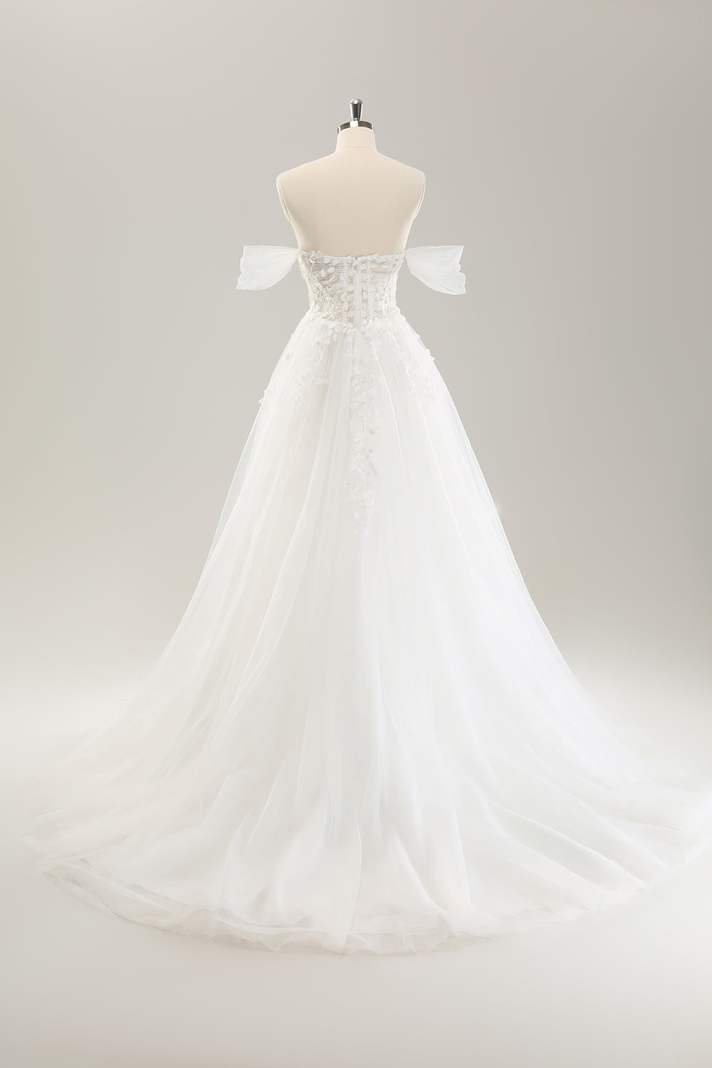 Vestido de novia de corsé de tul de tren de barrido de hombros de princesa con apliques