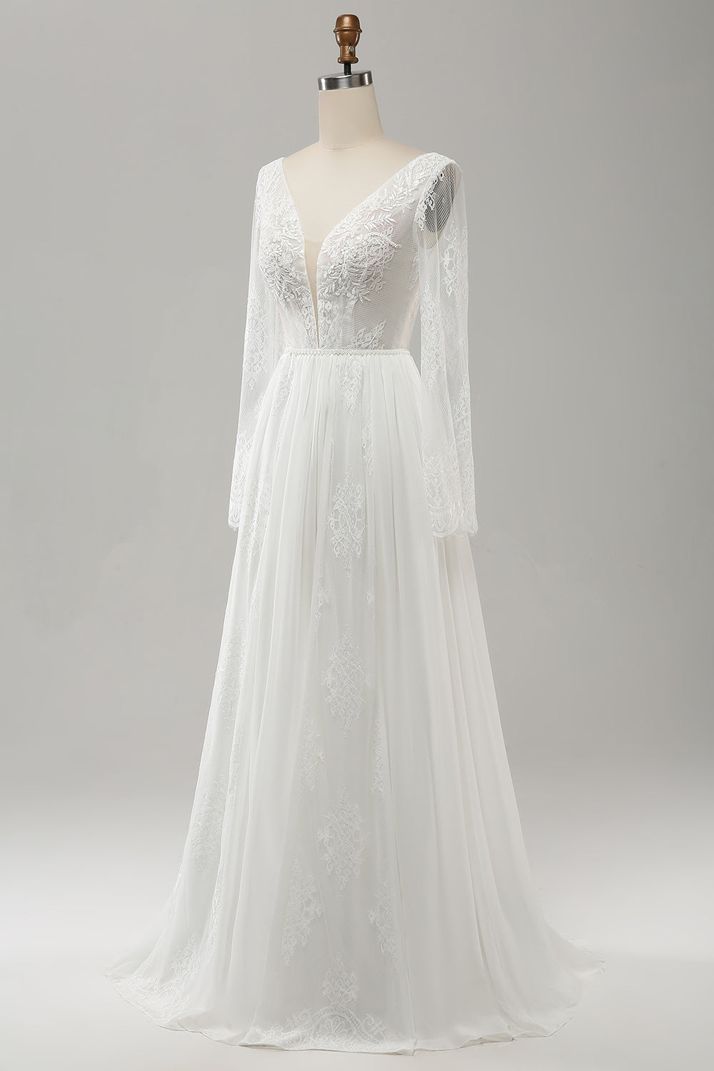 A Line V Cuello Manga Larga Playa Boho Vestido de Novia con Apliques de Encaje