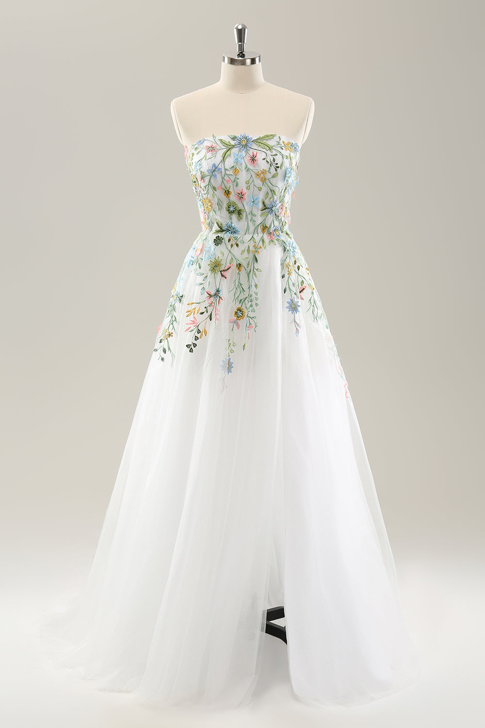 Vestido de novia blanco A Line Strapless Tulle con abertura larga con flores 3D