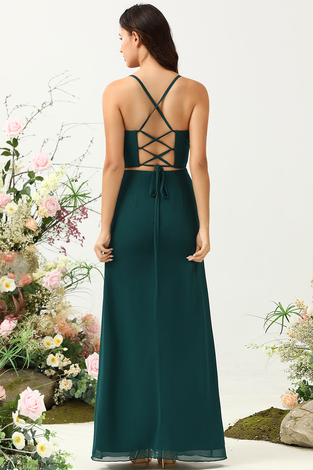 Correas de Espagueti Verde Oscuro Vestido Invitada Boda