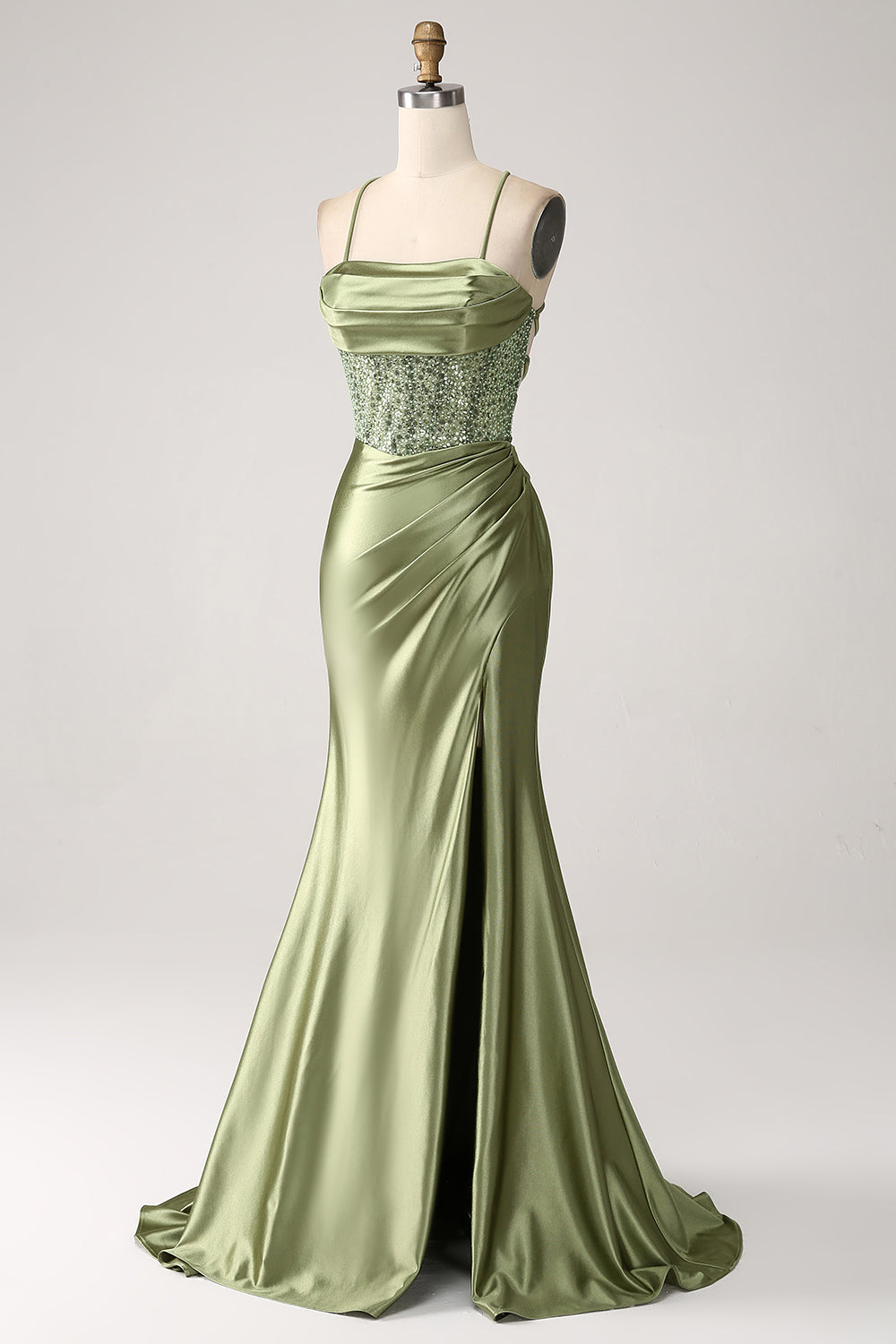 Vestido de fiesta largo de lentejuelas con escote de sirena verde militar con escote de sirena con abertura