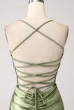 Vestido de fiesta largo de lentejuelas con escote de sirena verde militar con escote de sirena con abertura