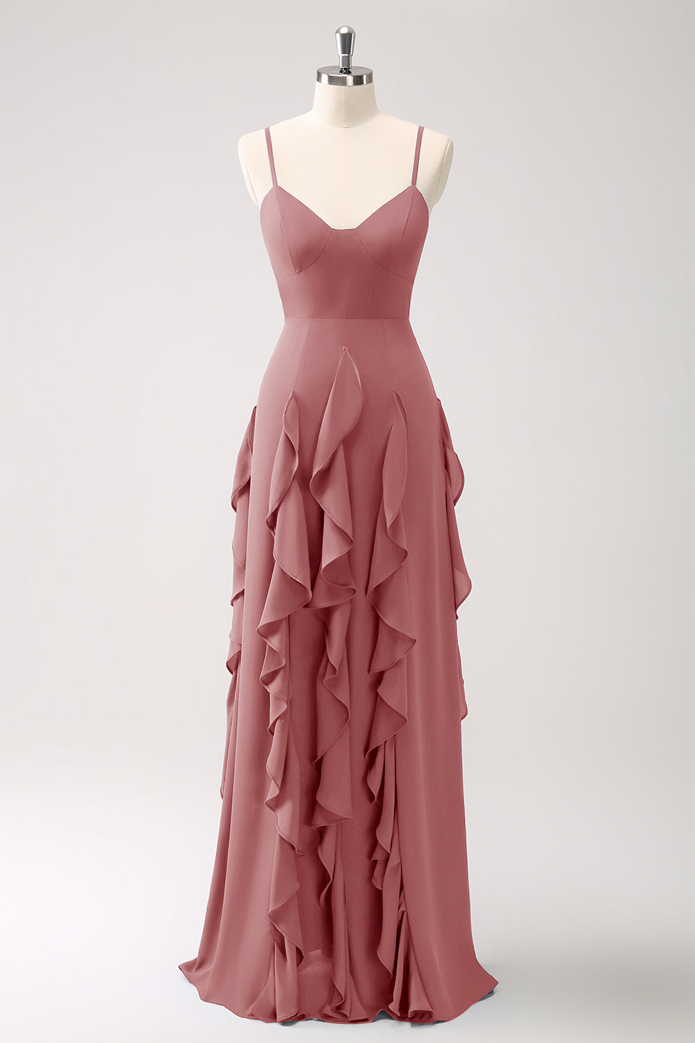 Vestido de dama de honor con tirantes de espagueti azul oscuro de línea A con volantes