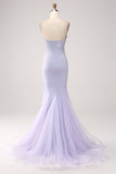 Sirena Lila Novia Palabra de Honor Vestido Largo De Fiesta Con Cuentas