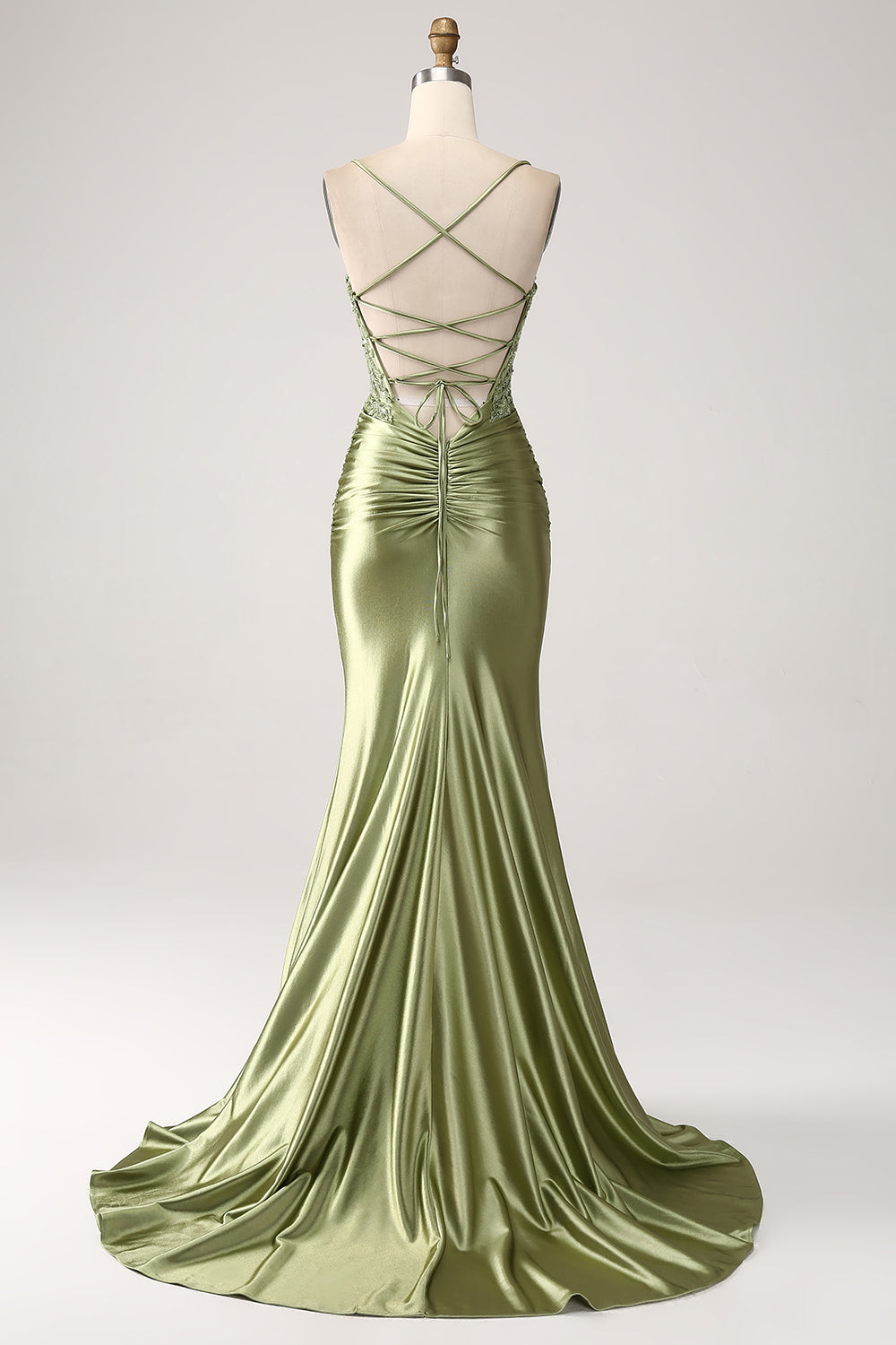 Sirena Salvia Tirantes Espagueti Vestido De Fiesta Con Cordones Con Espalda Con Abertura