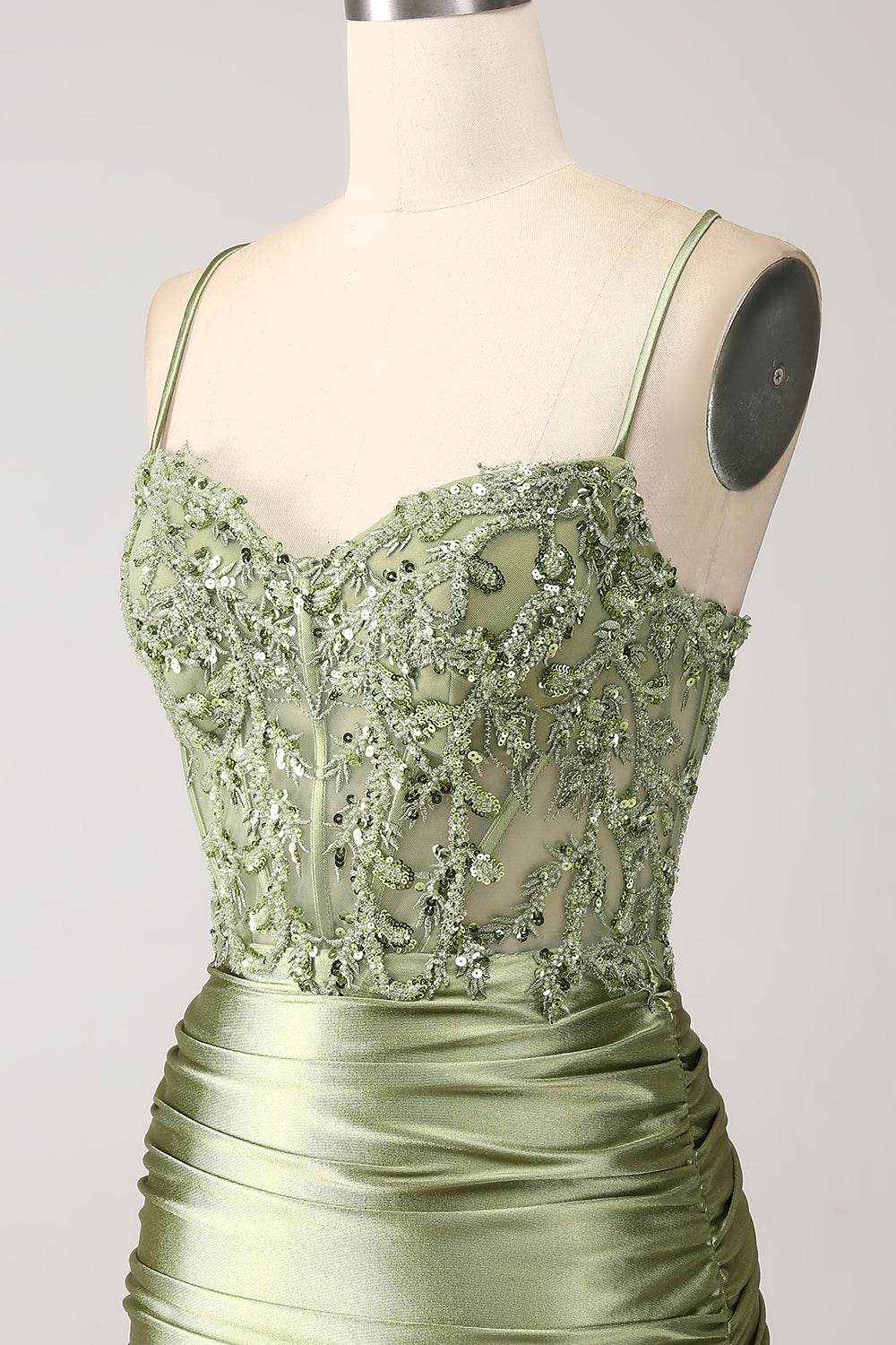 Sirena Salvia Tirantes Espagueti Vestido De Fiesta Con Cordones Con Espalda Con Abertura