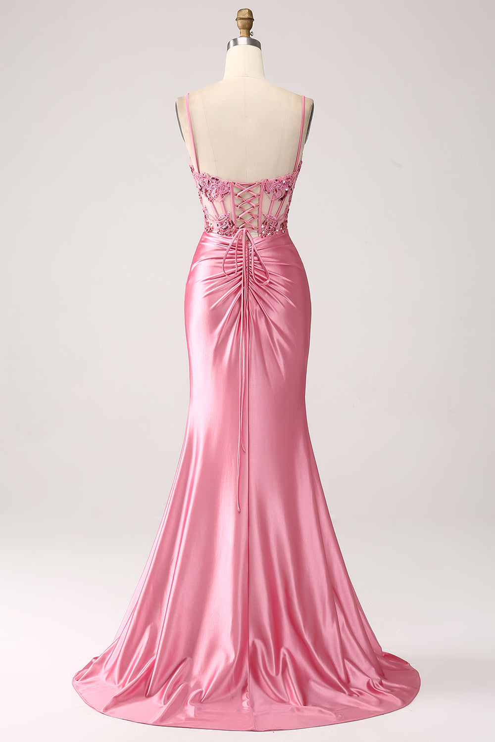 Vestido de fiesta de lentejuelas con correas de espagueti de sirena rosa con abertura