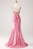 Vestido de fiesta de lentejuelas con correas de espagueti de sirena rosa con abertura