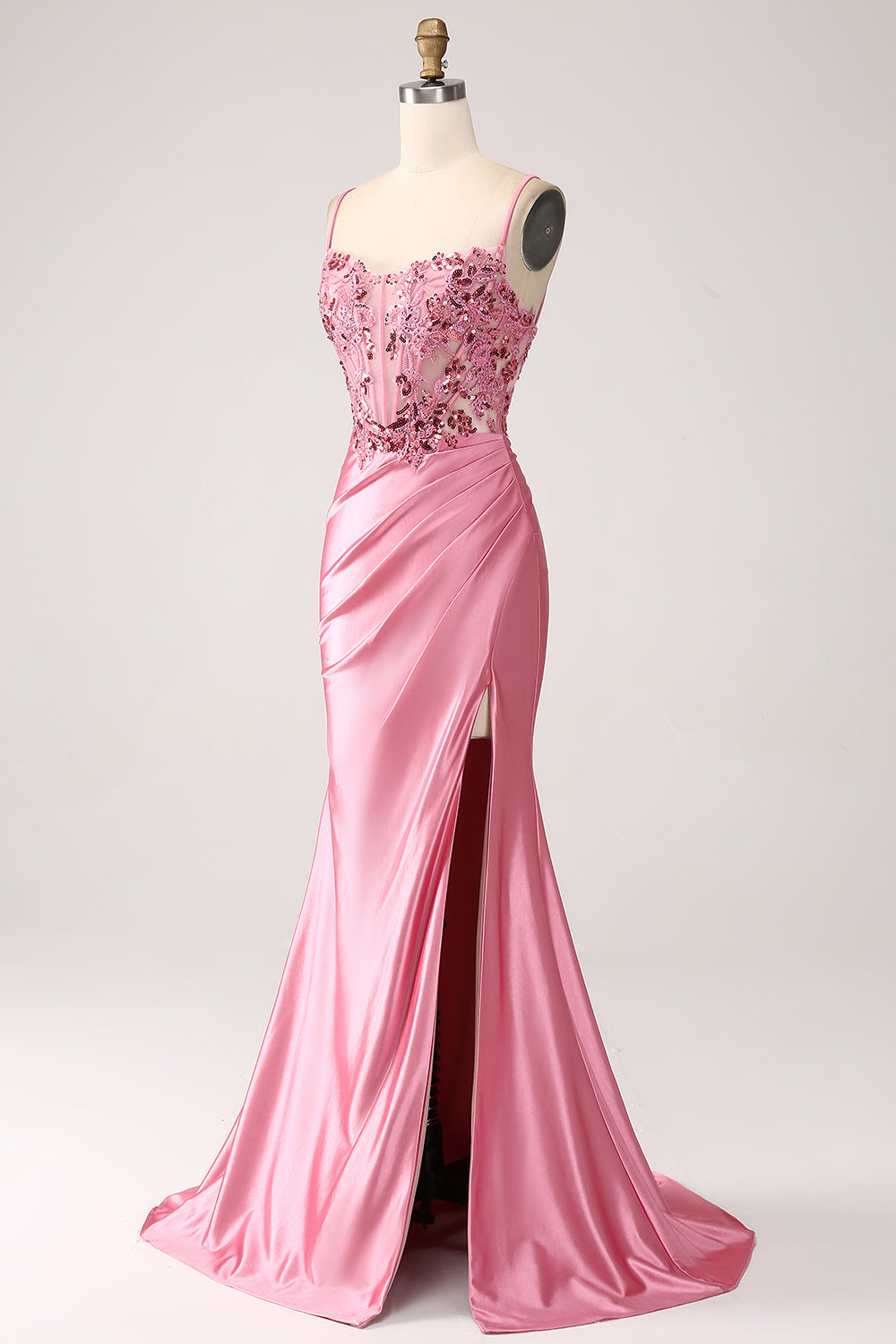 Vestido de fiesta de lentejuelas con correas de espagueti de sirena rosa con abertura