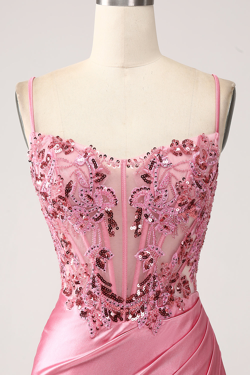Vestido de fiesta de lentejuelas con correas de espagueti de sirena rosa con abertura