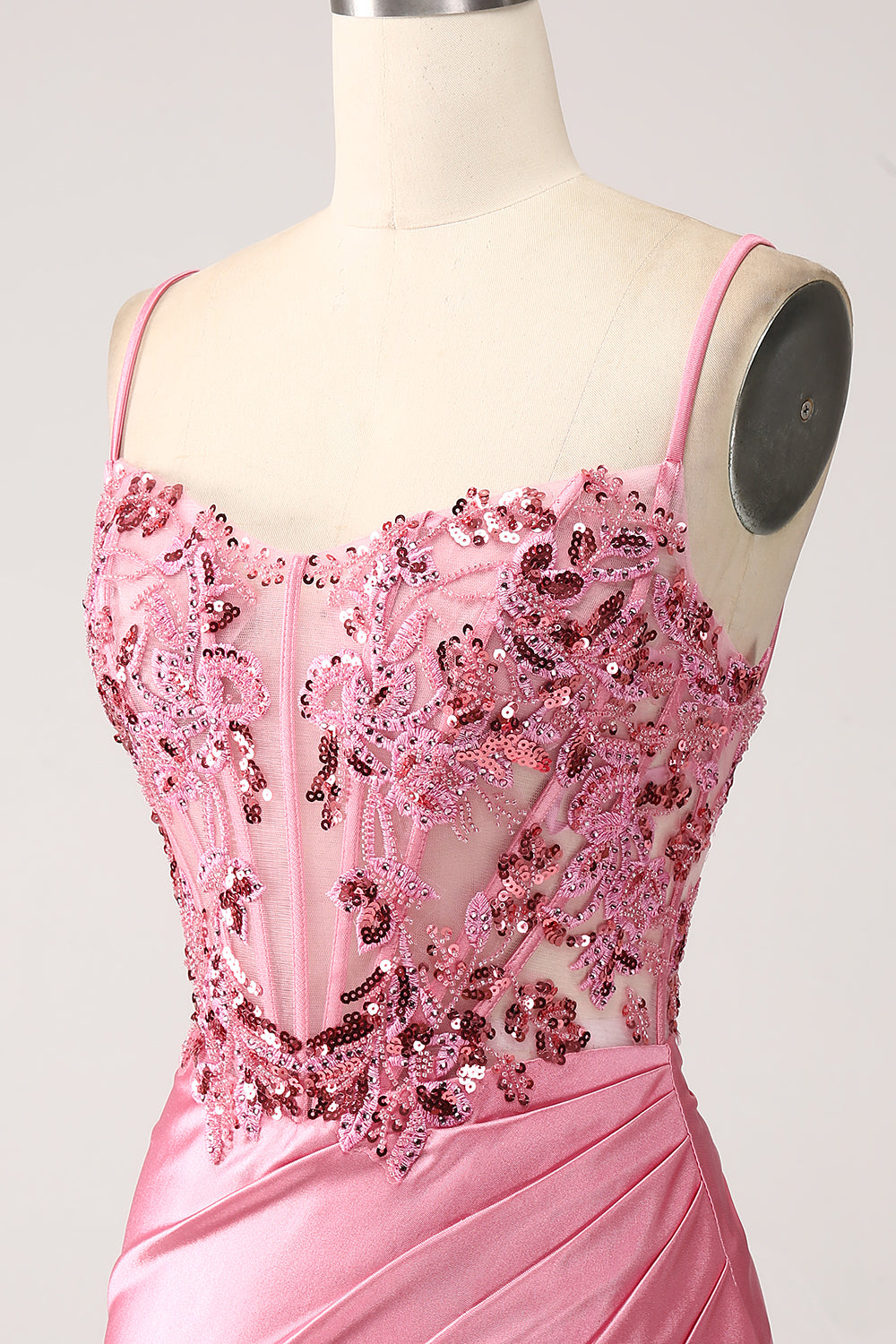 Vestido de fiesta de lentejuelas con correas de espagueti de sirena rosa con abertura