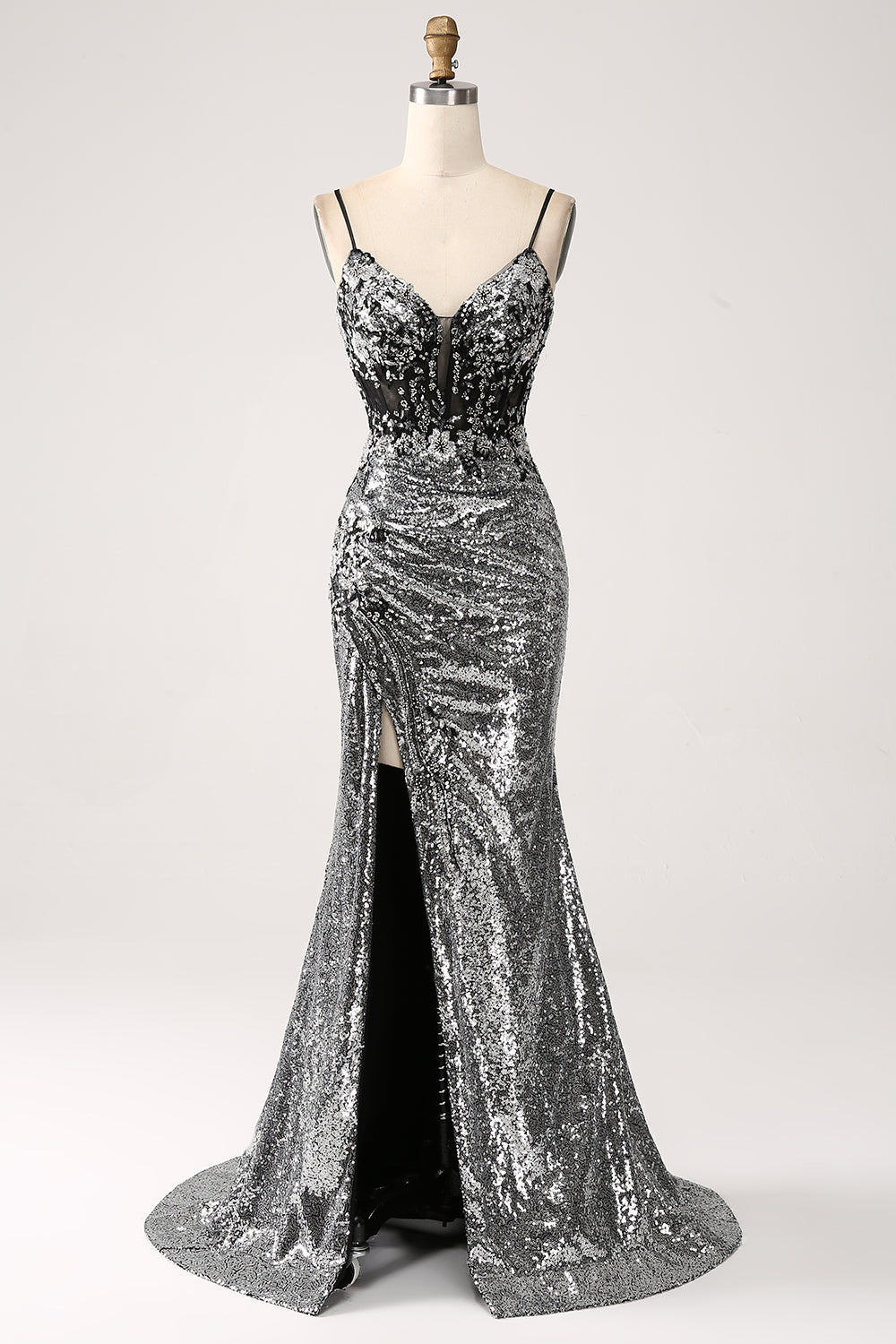 Vestido de fiesta de corsé con correas de espagueti de sirena brillante negro con abertura
