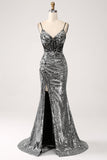 Vestido de fiesta de corsé con correas de espagueti de sirena brillante negro con abertura