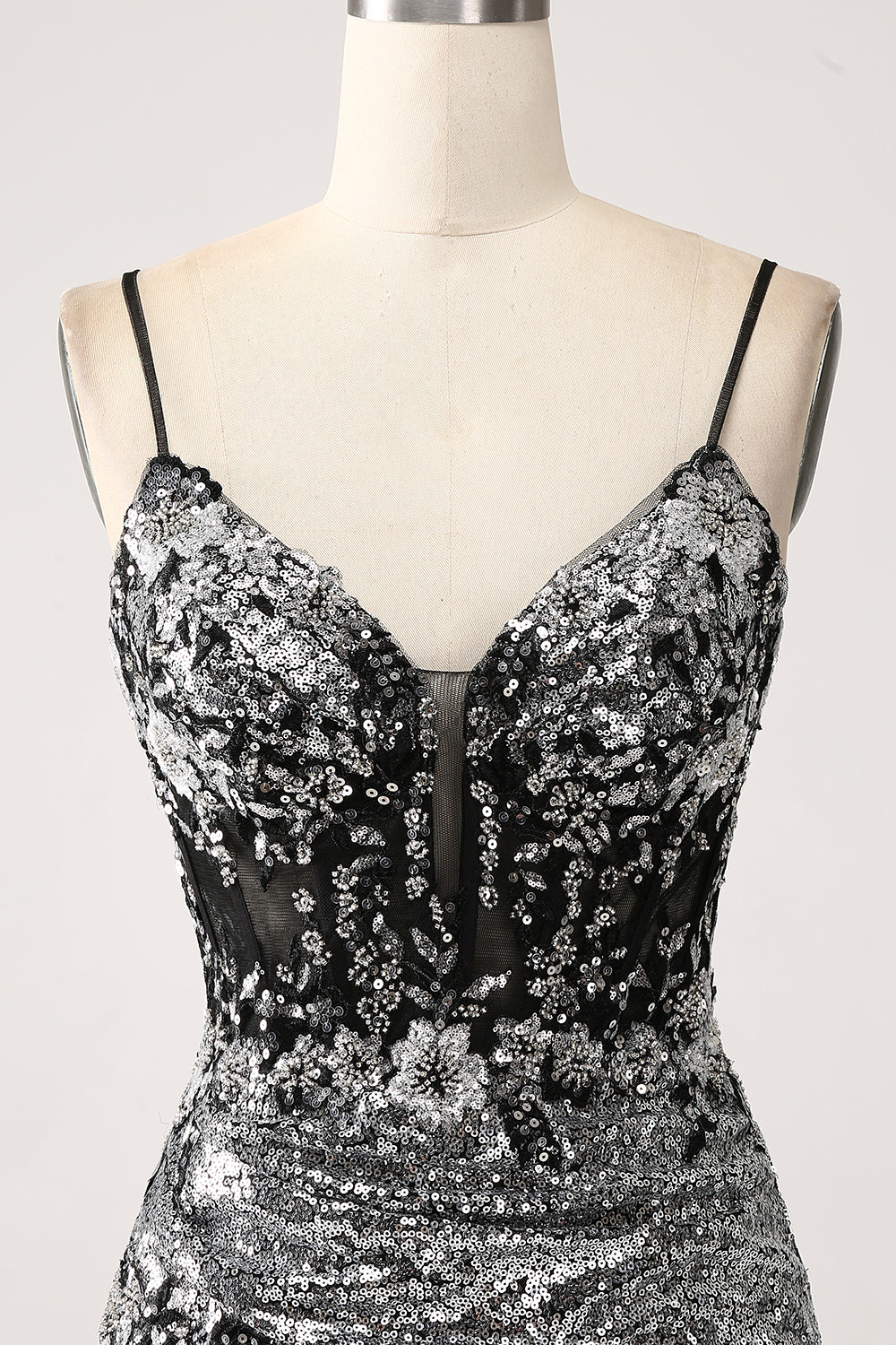Vestido de fiesta de corsé con correas de espagueti de sirena brillante negro con abertura