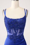 Corsé de sirena azul real vestido largo de fiesta con cuentas con abertura